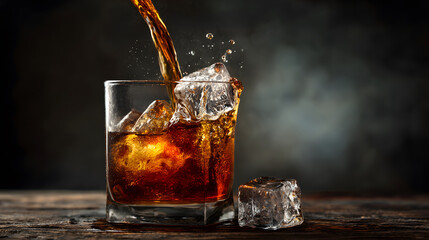 ice cold whiskey pouring into crystal glass with large ice cube on dark background, golden liquid splashing with bubbles, capturing luxurious bar moment and the essence of celebration at night
