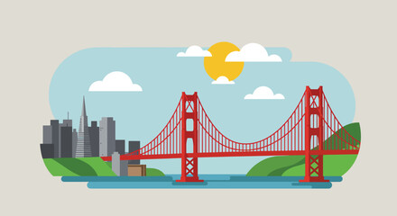 Iconic Red Suspension Bridge with City Skyline and Sun.