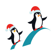 Penguins Sliding Down Snowy Hills in Christmas Hats Vector Illustration