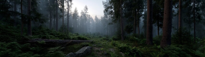 Mysterious forest path nature hdr panorama foggy environment serene viewpoint