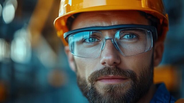 Focused Vision: A dedicated construction worker dons a safety helmet and protective eyewear, his gaze revealing intense focus and commitment to the work at hand. Capturing the essence of precision.