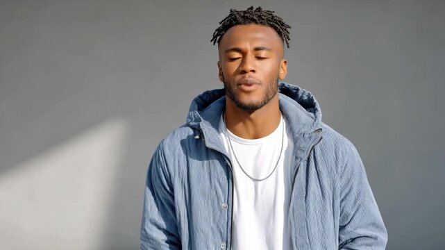Peaceful Contemplation: A young man embodies serenity, his eyes gently closed, as he embraces the tranquility of a moment, perhaps in silent meditation or mindful reflection. 
