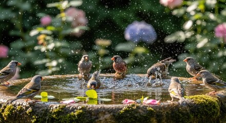Birds bathe in a stone fountain among flowers on a summer day
