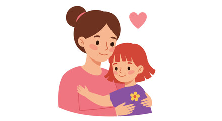 Tender illustration of a loving mother embracing her happy daughter with a heart.