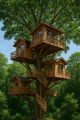 Classic Treehouse Architecture: Vertical Village with Rustic Cabins and a Spiral Staircase