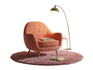 Coral armchair with polka dots, book, and lamp on a pink rug