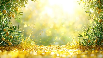Luminous olive grove with bright bokeh & liquid splash filling foreground