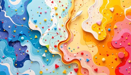 A vibrant, abstract illustration composed of an array of colors, shapes, and textures