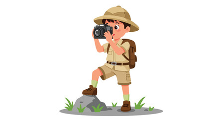 Young Explorer Boy with Camera on Safari Adventure.