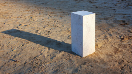 A white marble plinth stands alone in the sand casting a long shadow under the warm glow of the sun