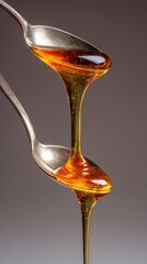 Honey Flowing from Two Spoons Against a Neutral Background