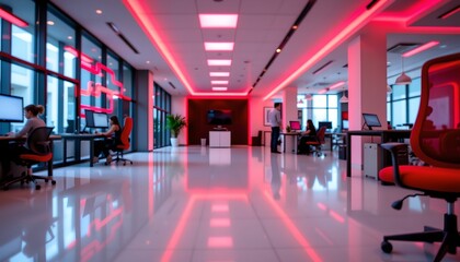 An interior space of a modern office environment with sleek furniture and illuminated accents, giving off a high tech vibe.