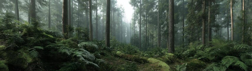 Obraz premium Misty forest exploration nature hdr panoramic view serene environment