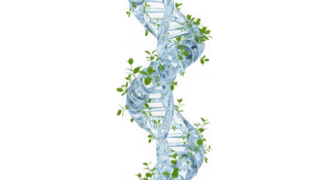 A stylized representation of a dna double helix intertwined with green leaves and water droplets, isolated on transparent background