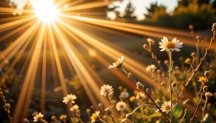 A photograph captures the sun's rays filtering through a field of flowers, creating a warm glow that highlights the silhouettes of the plants in the foreground