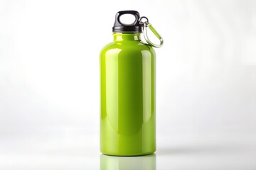 Obraz premium Green reusable water bottle isolated on white background, studio shot