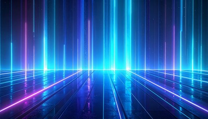 Abstract futuristic stage background with glowing blue and pink neon light beams reflecting on a dark, polished floor, creating a digital tunnel effect