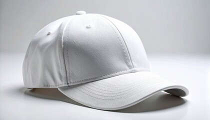 Fototapeta premium Clean, modern white baseball cap displayed on a minimalist studio background, perfect for custom branding and design mockups.