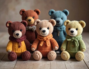 Knitted teddy bears in autumnal colours