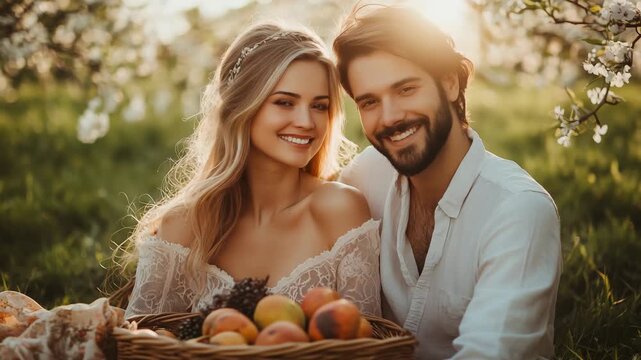 In a serene orchard during the golden hour, a couple shares an intimate picnic, smiling as they enjoy fruits from a rustic basket surrounded by blossoming trees.