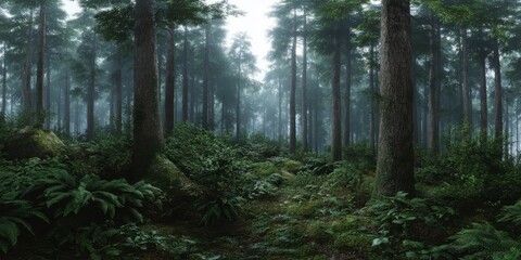 Fototapeta premium Misty forest adventure enchanted woods hdr panoramic landscape tranquil environment