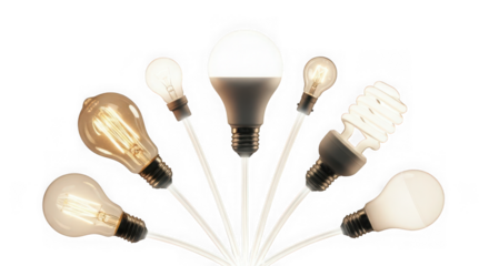 Collection of various light bulbs, including incandescent, led, and fluorescent, isolated on transparent background