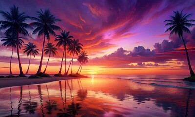 Photograph of a tropical beach at sunset, featuring tall, slender palm trees silhouetted against a vibrant, multicolored sky. The golden sun sets over calm, reflective waters, with the horizon blendin
