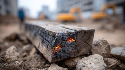 Charred wood beam with embers at a construction site.