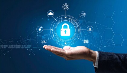 Glowing padlock and tech icons above hand on dark blue network background
