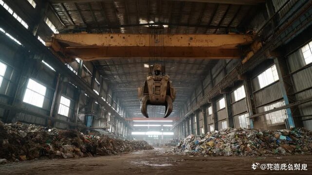 Industry's Relentless Heartbeat: A colossal industrial claw machine tirelessly grapples with waste amidst a vast warehouse.