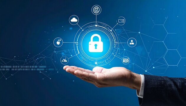 Glowing padlock and tech icons above hand on dark blue network background