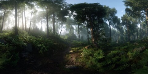Fototapeta premium Serene forest path lush greenery hdr panoramic view tranquil environment