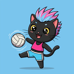 Cartoon black cat with mohawk, wearing sporty outfit, jumping to hit a volleyball. Fun and energetic black-and-white line art.
