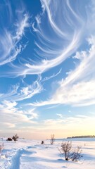 Winter landscape with swirling clouds and a snow-covered field