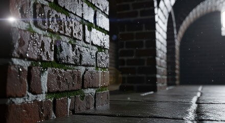 Wet brick wall with green moss in old archway tunnel architecture