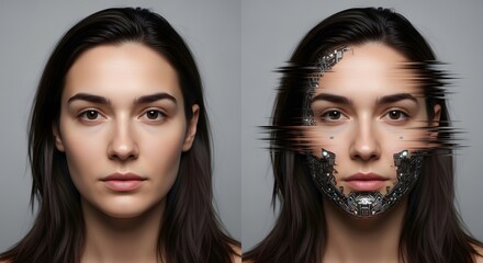 Split image showing a natural woman's face side-by-side with a glitch effect revealing cybernetic circuitry and robot mechanisms beneath the skin