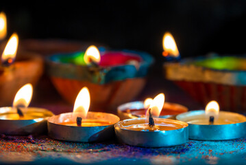 Happy Diwali. Deepavali Hindu festival of lights celebration. Clay diya candle. Oil lamp lit