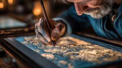 Close-up of a skilled artist painting detailed artwork on a digital drawing tablet using a stylus, focusing on craftsmanship and modern art creation techniques