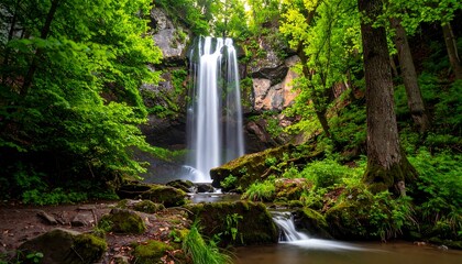 Lush waterfall cascading down rocky cliffs in a verdant forest