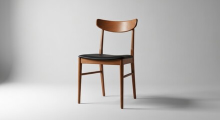 Simple wood chair with black leather seat, illuminated against a white backdrop
