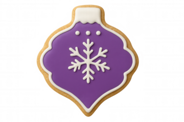 Christmas ornament sugar cookie with purple icing and white snowflake, holiday dessert, isolated on transparent background