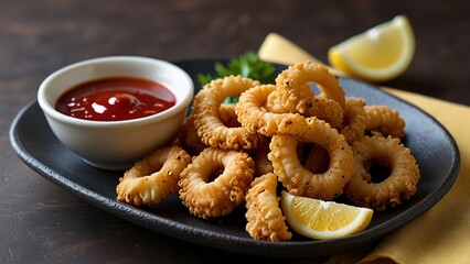 Crispy Squid Rings Appetizer with Sauce and Lemon Garnish