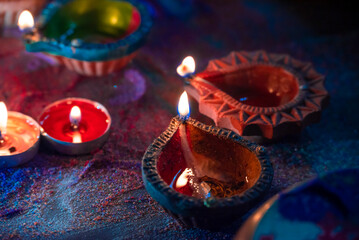 Happy Diwali. Deepavali Hindu festival of lights celebration. Clay diya candle. Oil lamp lit