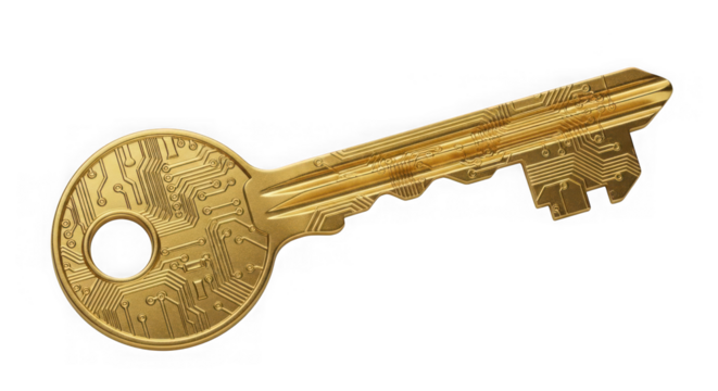 Golden key with circuit board pattern, isolated on transparent background