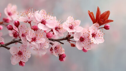 Obraz premium Vibrant Close-Up of Delicate Pink Cherry Blossom Flowers with Fresh Blooming Petals and Buds on a Soft Background in Sptime Nature Scene