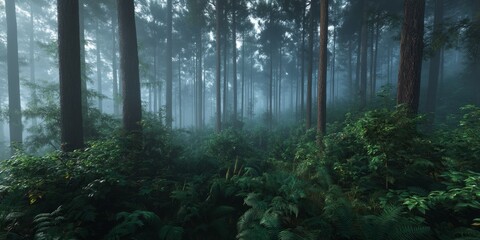 Fototapeta premium Misty forest exploration nature hdr panoramic photography lush environment