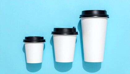 Three white coffee cups of varying sizes with black lids lined up on a bright blue background, ready for your morning brew or a business meeting.