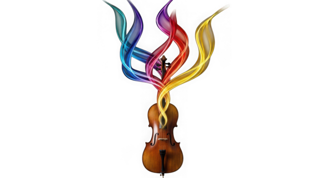 Violin with colorful ribbons flowing upwards, isolated on transparent background