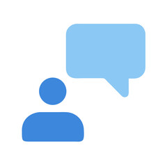 Minimalist blue person icon with speech bubble illustration