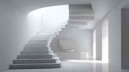 Fototapeta premium An elegant white spiral staircase ascends gracefully in a sunlit minimalist room with a clean modern aesthetic